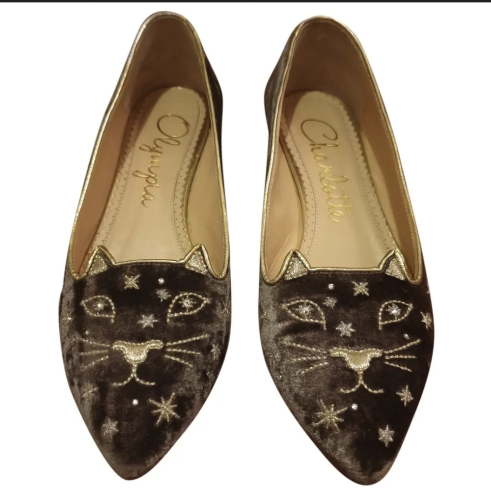 Gray Velvet Pointed Charlotte Olympia Kitty Flats Size 41 EU